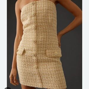 Anthropologie Cream Tweed Strapless Mini Dress